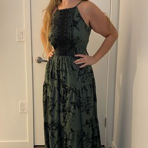 Anthropologie Green Maxi Dress with Crochet Detailing